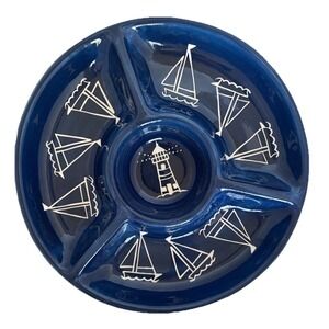 Eddie Bauer Home Platter LG Chip Dip Blue White Sailboat Lighthouse Beach House